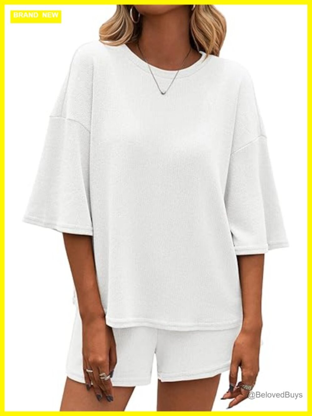 2 Piece Lounge Set 3/4 Sleeve Knit Top and Elastic Waist Shorts Pajama Set